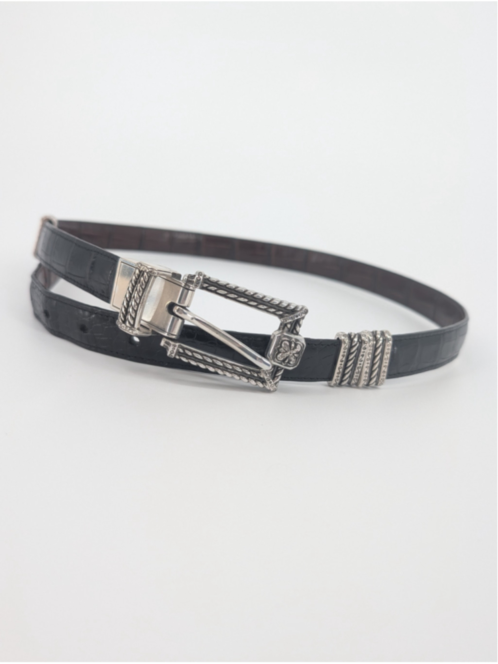 Vintage Brighton Reversible Black Brown Croc Leather Belt Silver Buckle 30-34